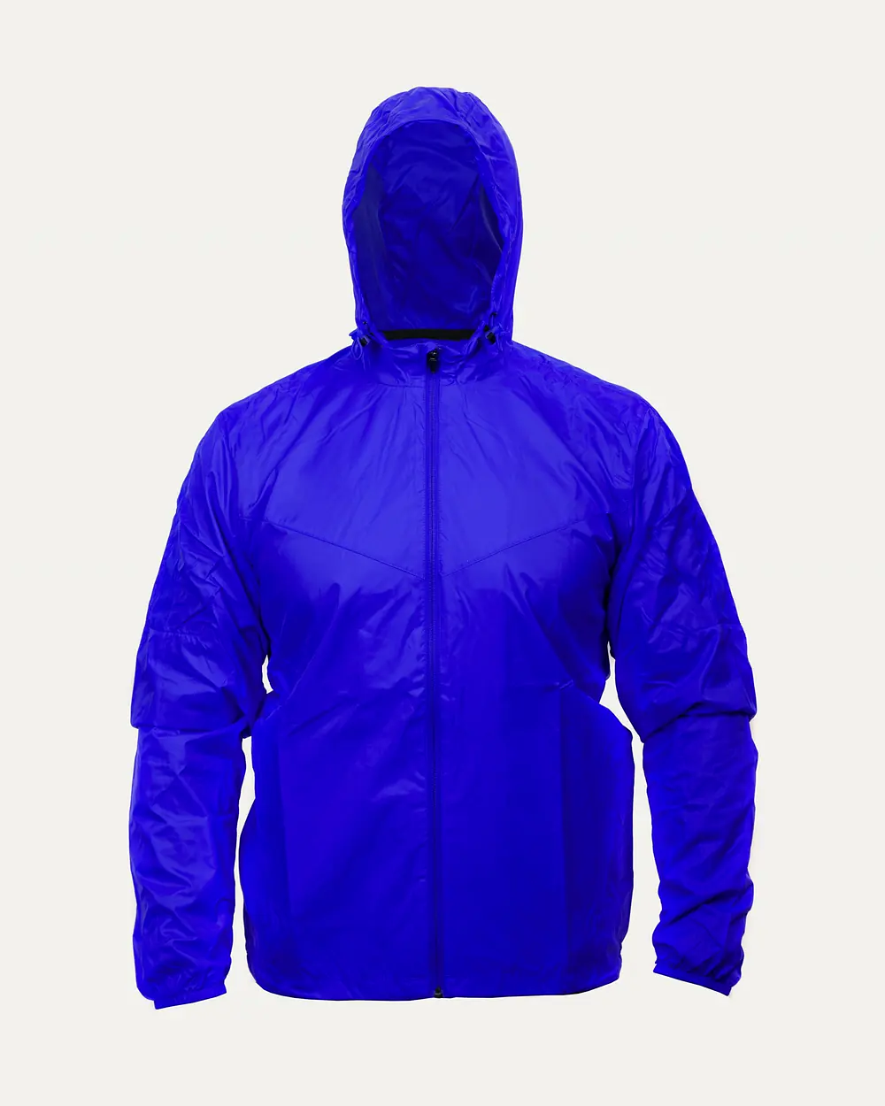 The Crosswind shell photographed on its own: a hooded technical windbreaker in Signal blue, zipped, seen from the front.