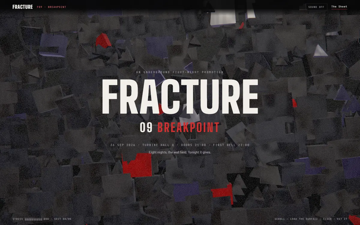 Fracture: the word FRACTURE in heavy metal capitals over a wall of shattered grey concrete shards with flecks of red and violet.