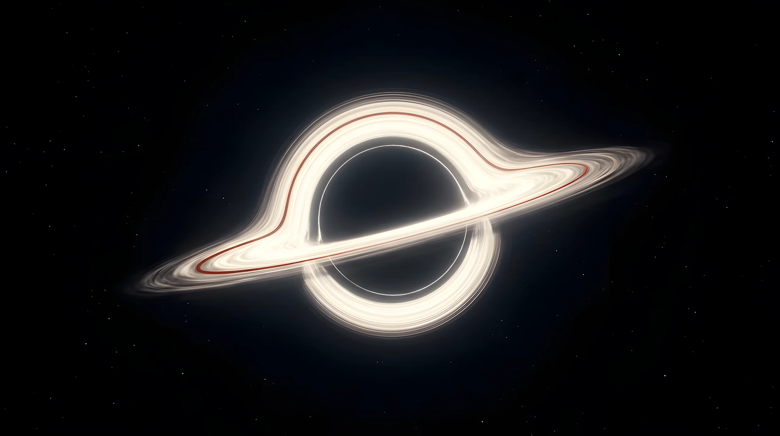 A black hole seen edge-on: a thin, bright accretion disc bends up over and under a dark sphere, with one red filament running the length of the disc.