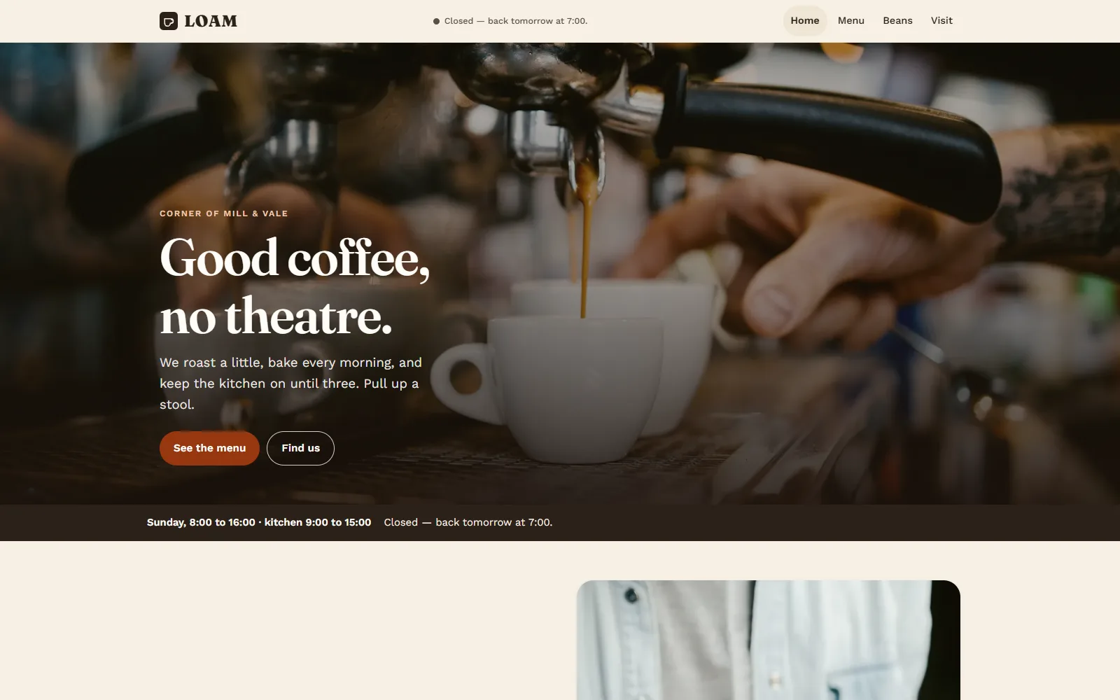 The Loam home page: a corner café and roastery with its menu and a tray you build and send to the counter.