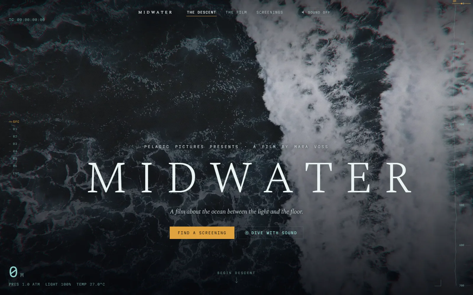 The Midwater home page: a dark ocean frame with the film's title set large over a descent counter.