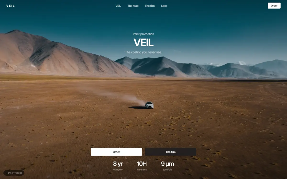 VEIL: A Tesla-style product page for paint protection, told in three full-viewport film chapters.