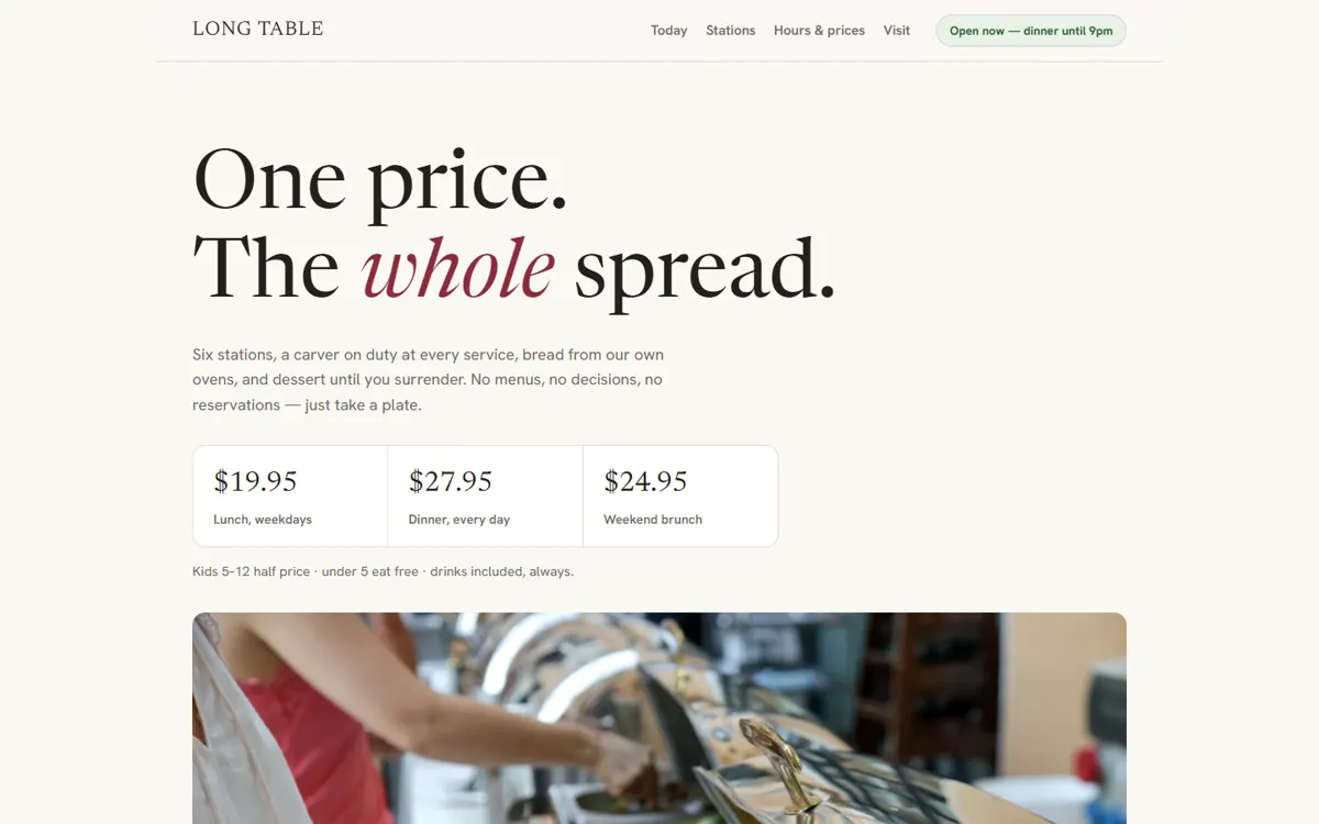 LONG TABLE: An all-day buffet with a rotating weekly menu and a live open-now indicator.