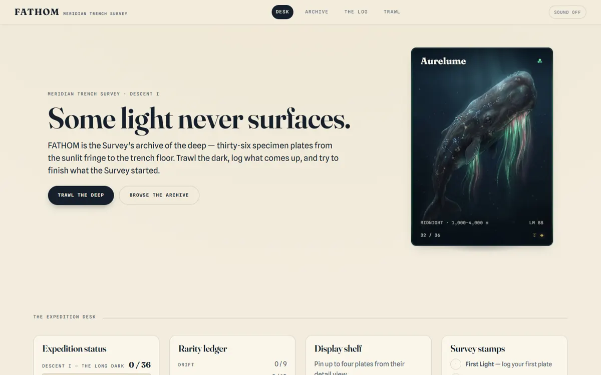 FATHOM: A deep-sea creature-card universe presented as a collector's naturalist logbook.