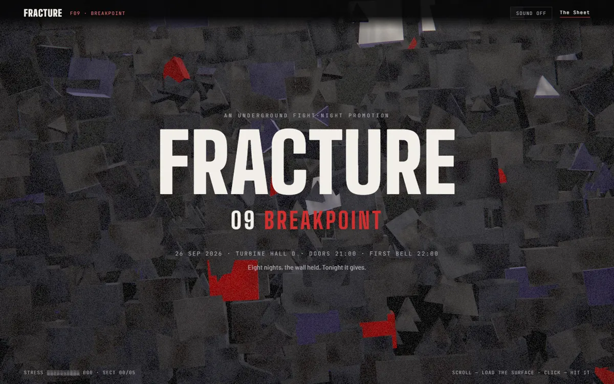 FRACTURE: A fight-night promotion site built from fractured concrete that shatters as you scroll.