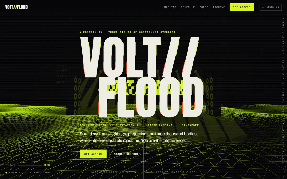 VOLT//FLOOD: An audiovisual festival identity built as one unstable, beat-synced 3D machine.