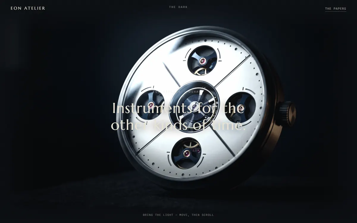 EON ATELIER: An independent watchmaker's site staged as a cinematic descent through six chambers.