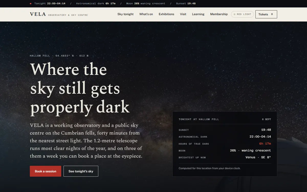 VELA: An observatory site that computes its own live star map, twilight and moon phase.