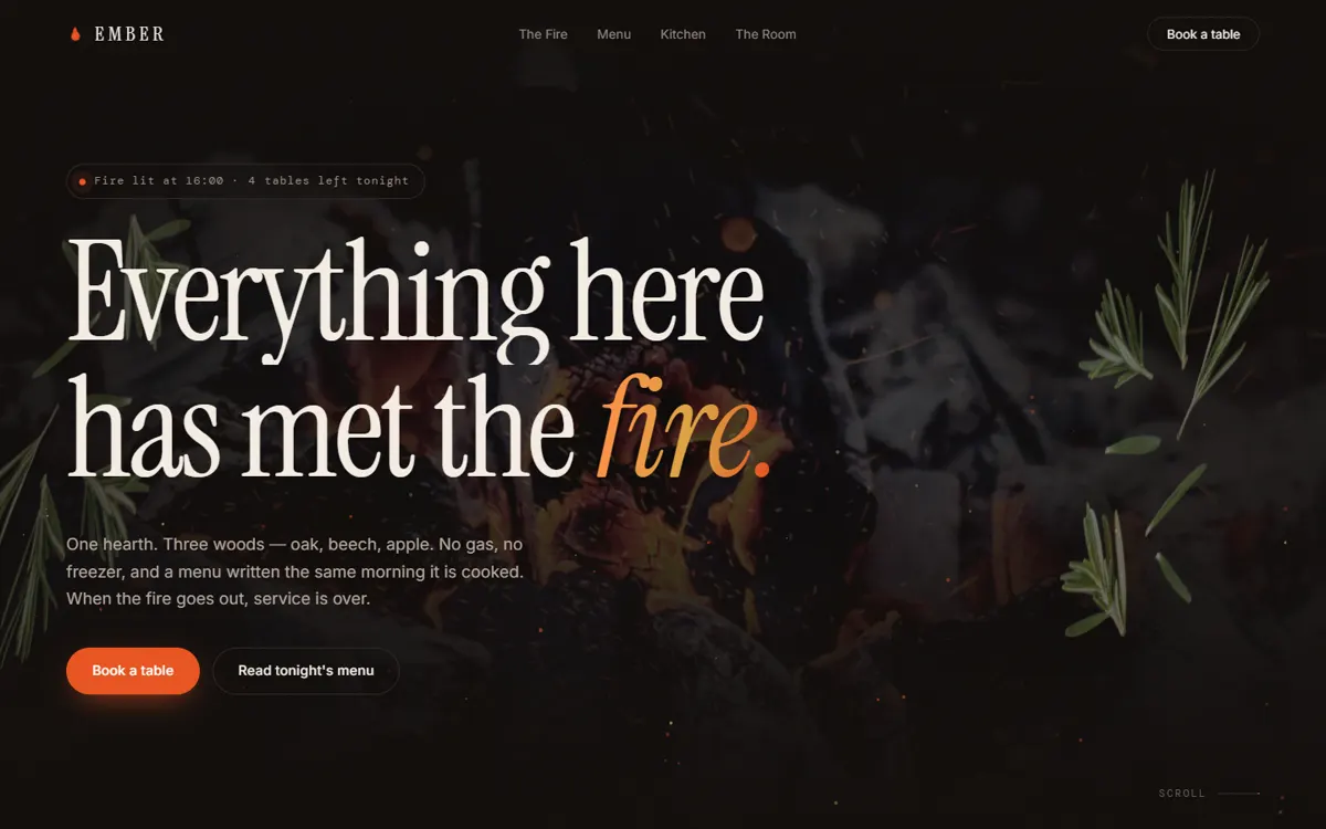 EMBER: A wood-fire restaurant with a cursor-tracked menu and a real booking flow.