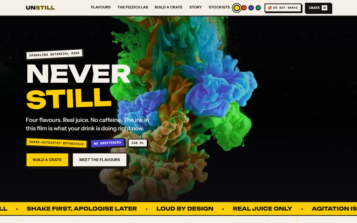 UNSTILL: A sparkling-soda brand built around slow-motion ink footage and a real carbonation lab.
