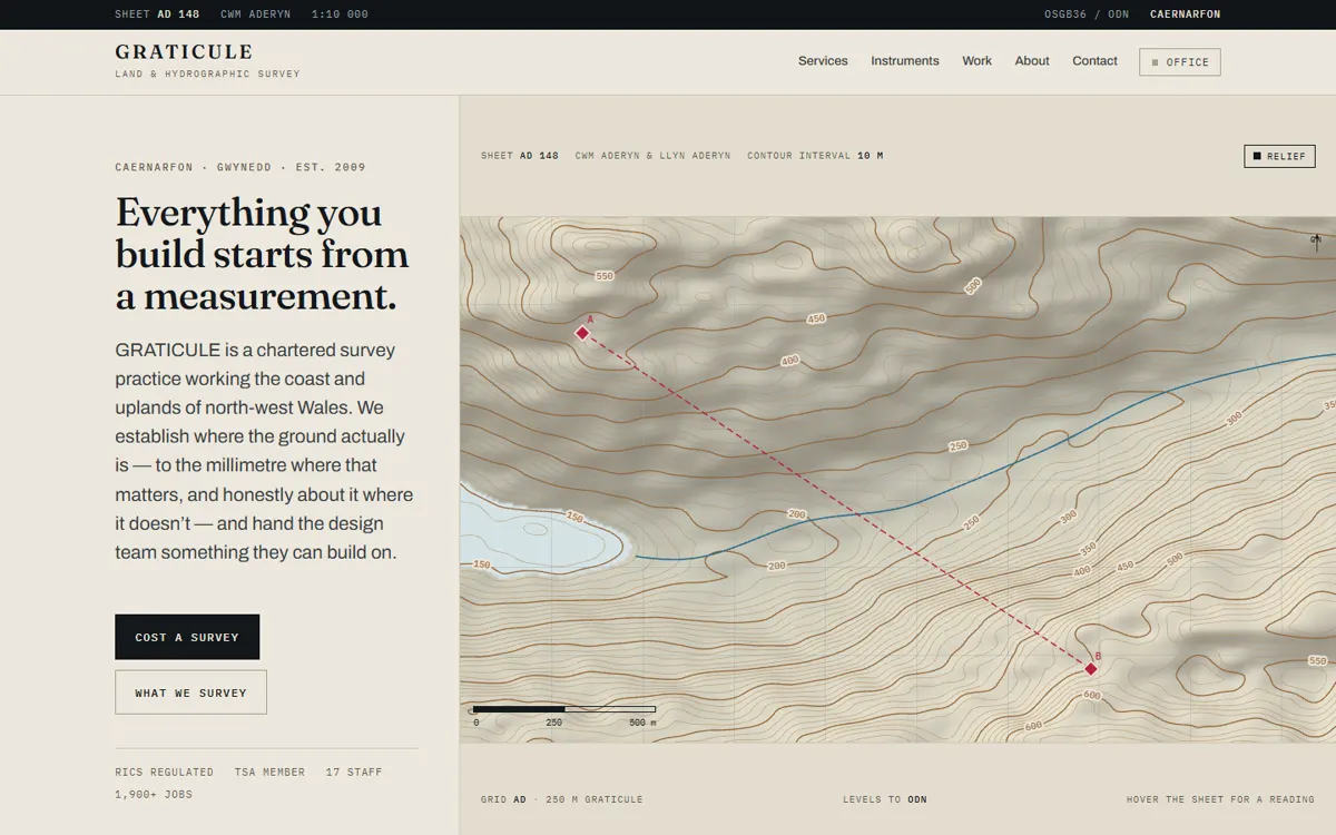 GRATICULE: A survey practice whose hero is a live-computed contour sheet, not a photograph.