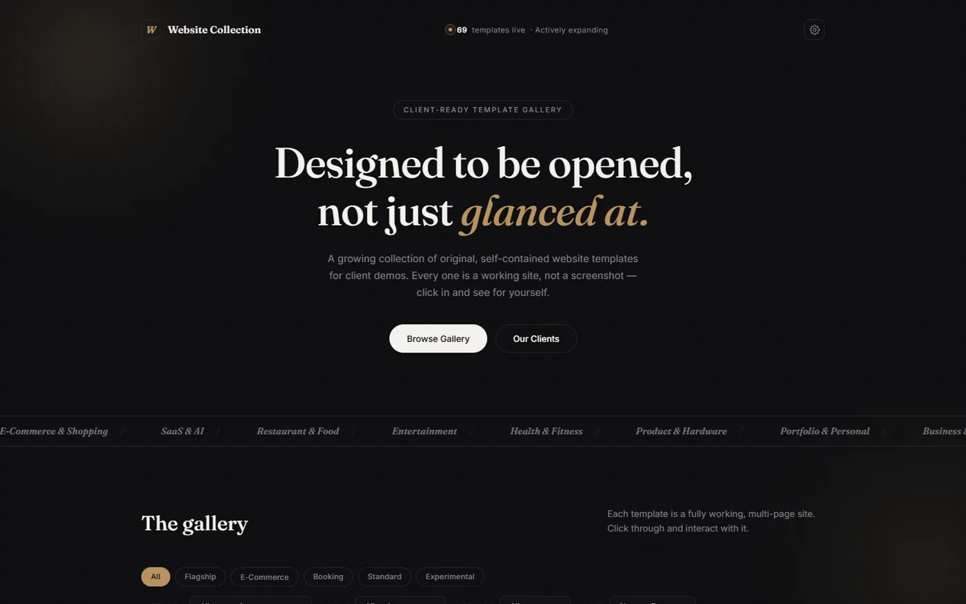 The Thornbury template shelf — a catalog page of many finished websites.