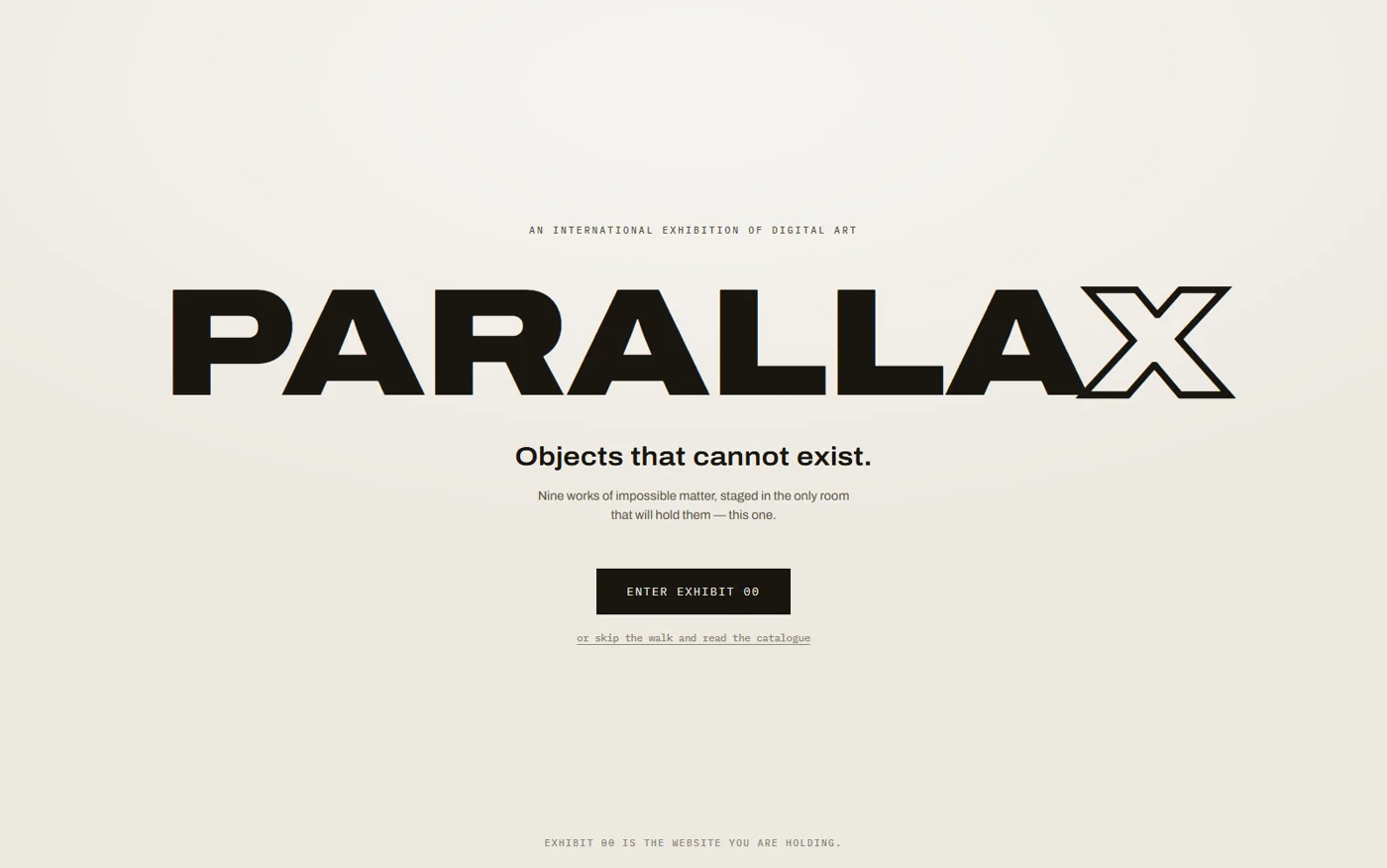 PARALLAX — a pale gallery page with an enormous wordmark: an international exhibition of digital art.