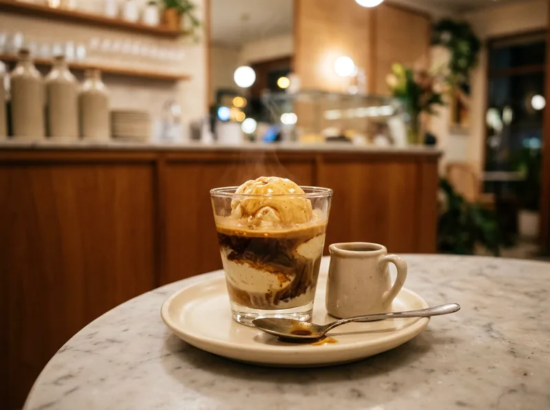 An affogato in a small glass, espresso swirling over a melting scoop of vanilla gelato.