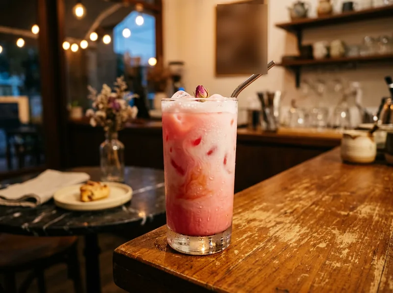 A tall iced bandung latte, rose-pink milk swirling into white, beaded with condensation.