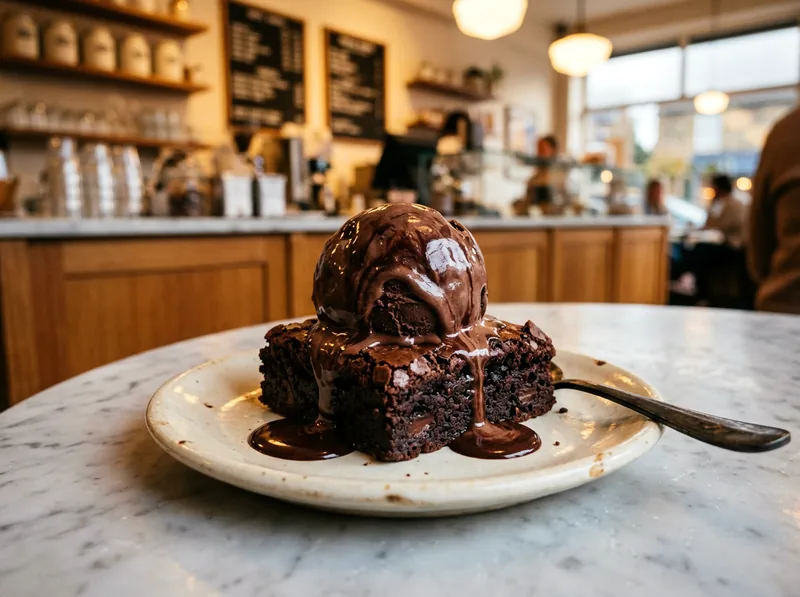 A warm fudgy brownie under a melting scoop of chocolate gelato.
