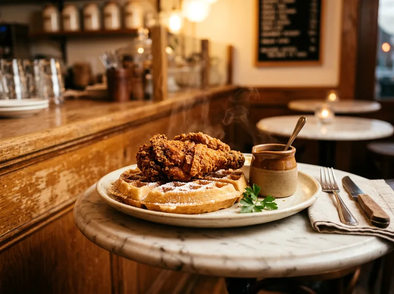 Crispy fried chicken on a golden waffle with a small jug of maple syrup.