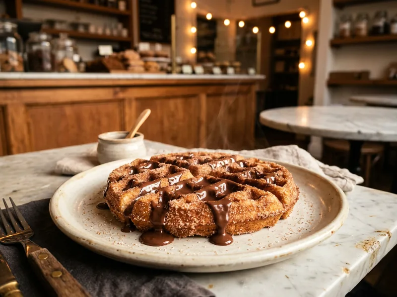 A cinnamon-sugar churros waffle with warm chocolate sauce poured across the ridges.