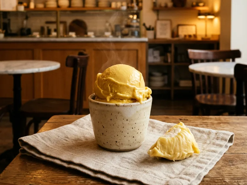 A golden scoop of durian gelato in a speckled ceramic cup with a wedge of durian flesh beside it.