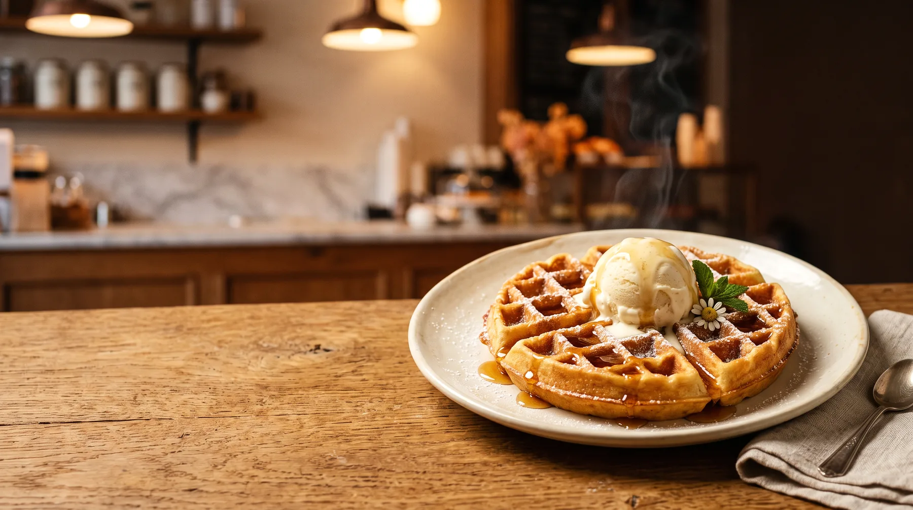 A crisp golden waffle with a scoop of vanilla gelato melting into its squares, maple syrup catching the light, steam rising.