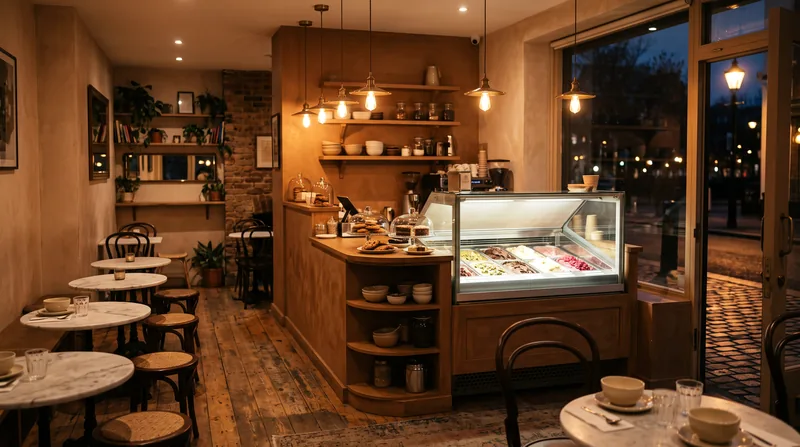 A compact dessert café glowing in the evening — pendant lights over a small gelato cabinet, marble tables and wooden stools.