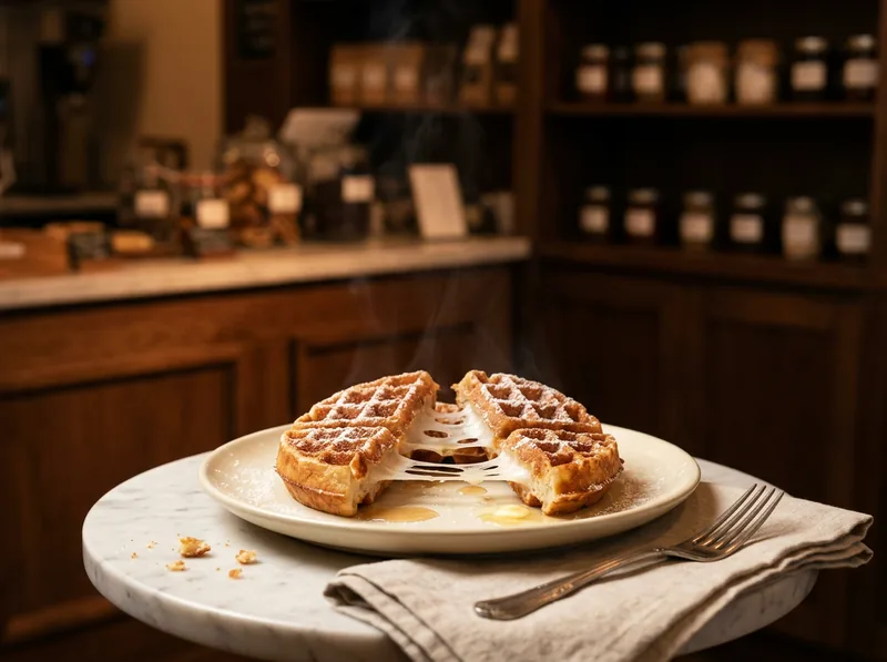 A mochi waffle pulled into two halves, soft elastic strands stretching between the crisp golden pieces.