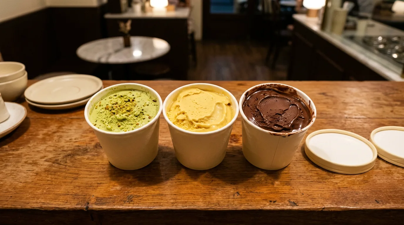 Three open gelato pint tubs on a wooden counter showing pistachio, durian and chocolate.