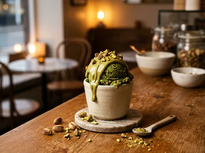 A green scoop of roasted pistachio gelato in a cream ceramic cup.
