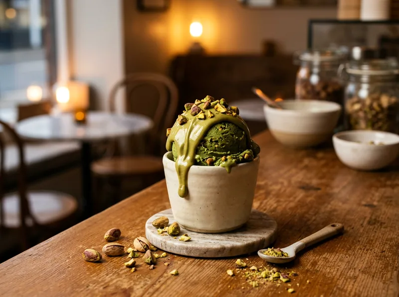 A deep green scoop of roasted pistachio gelato with pistachio cream folding over the cup's edge.
