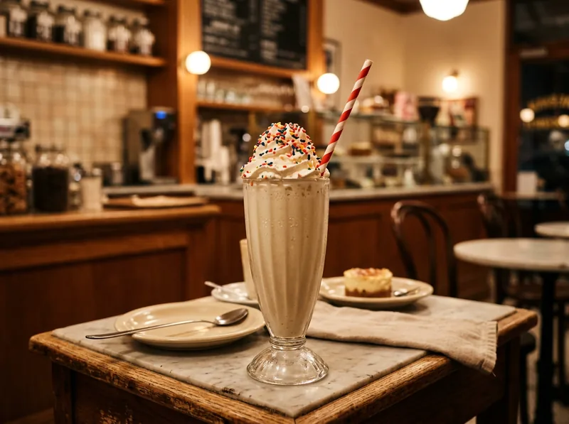 A tall gelato milkshake crowned with whipped cream and rainbow sprinkles, with a striped paper straw.