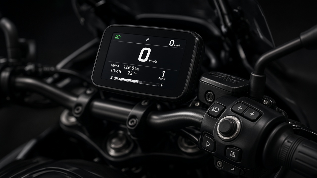 Motorcycle TFT cluster and bar controls showing rider-aid modes in dark cockpit light