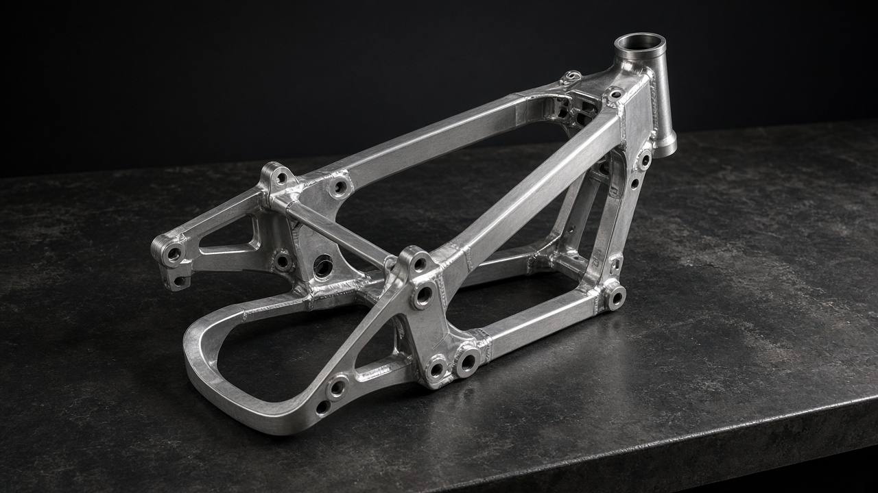 Aluminium twin-spar motorcycle chassis on a dark bench under hard studio light